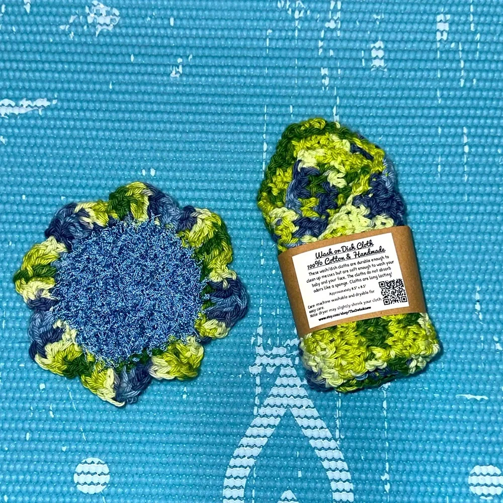 Dark Blue and Green Handmade Cotton Multi Use Washcloth Set